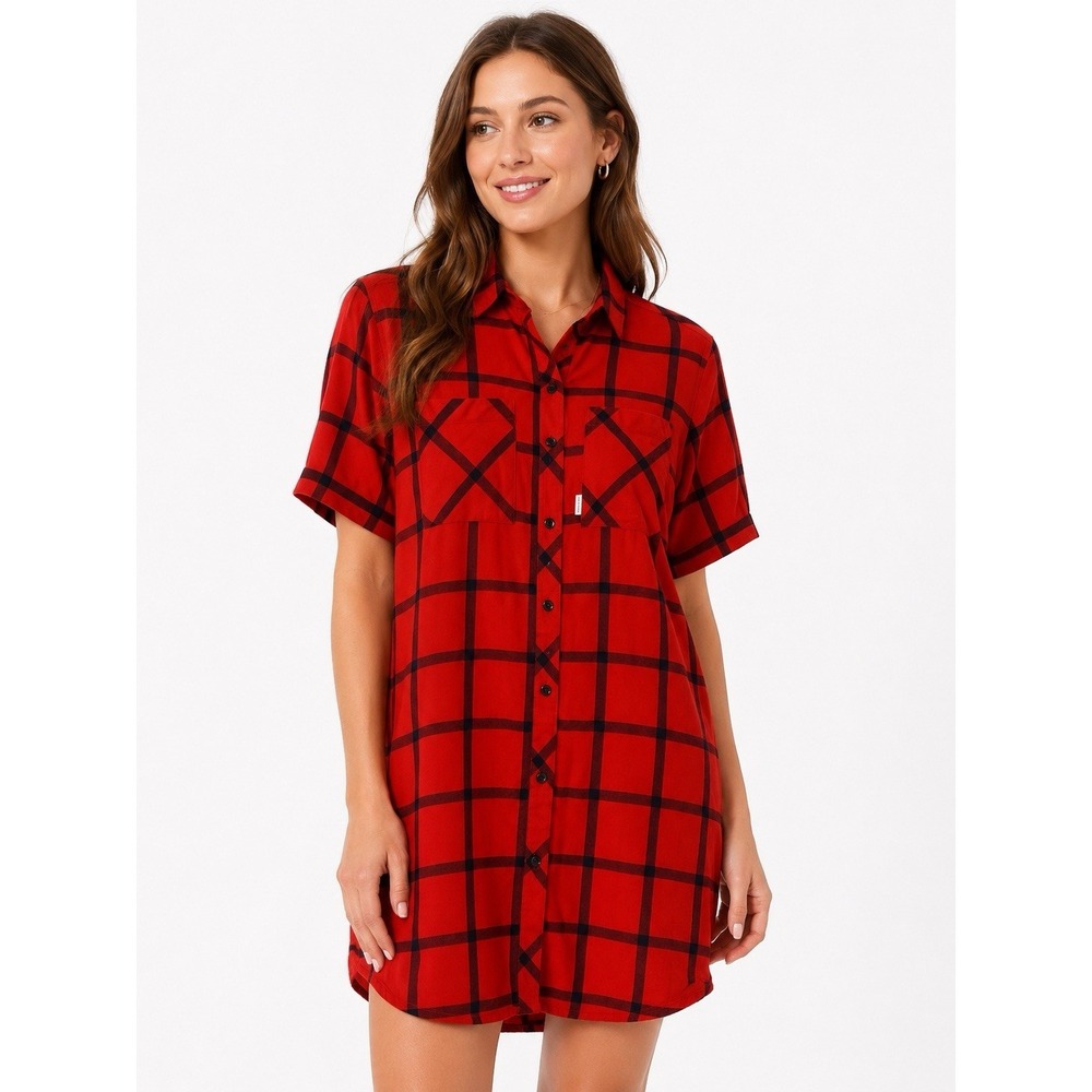 Topo Designs Organic Cotton Plaid Shirt Dress Womens L Red Gorpcore Outdoor EUC